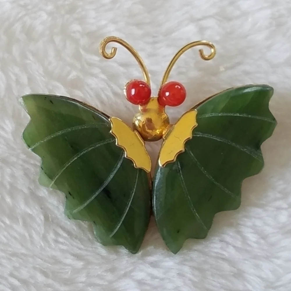 Vintage Jade Coral Butterfly Brooch
